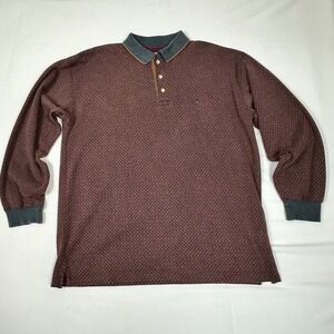 Duck Head Mens Vintage Long Sleeve Polo Shirt Burgundy Geometric Cotton Large
